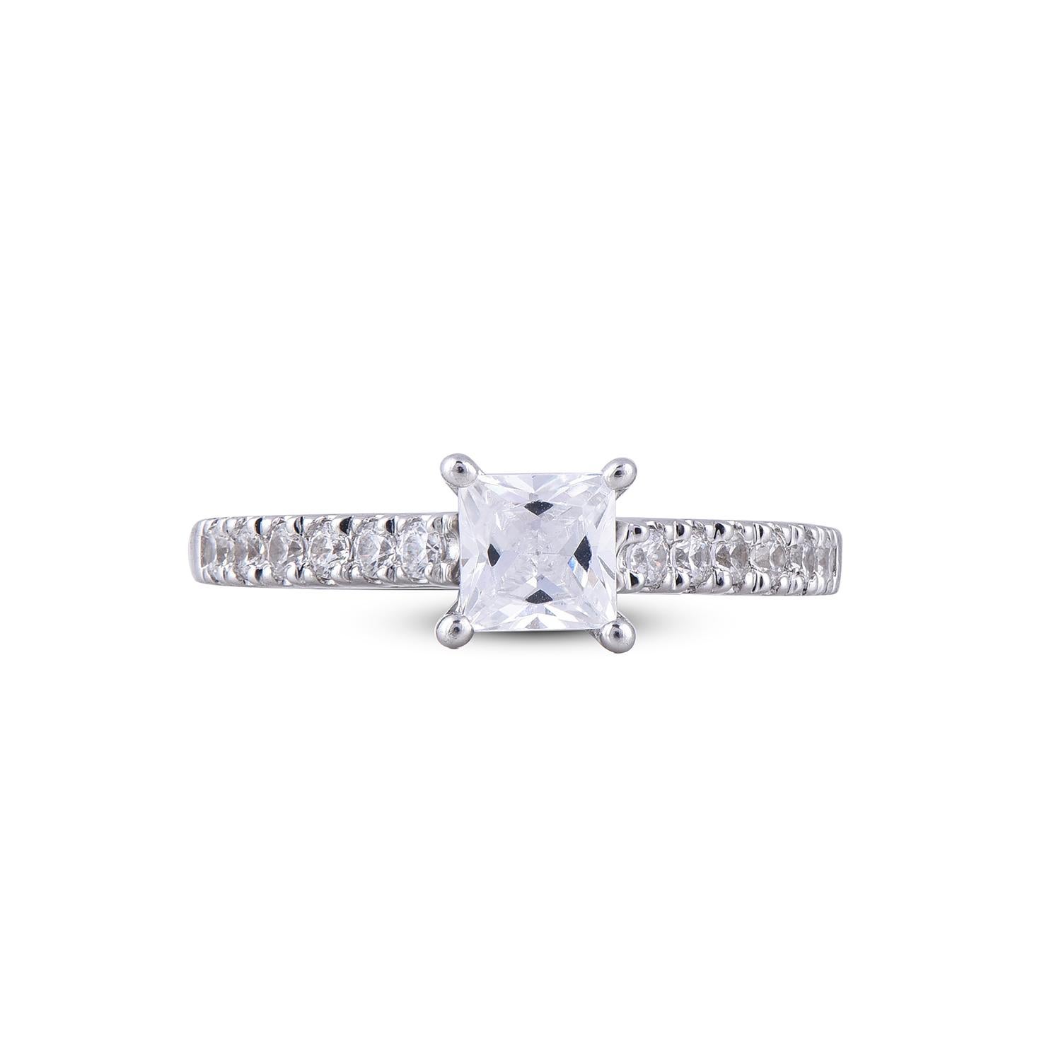 Princess Cut TJD 1.00 Carat Princess/Round Diamond 18 Karat White Gold Diamond Bridal Ring For Sale