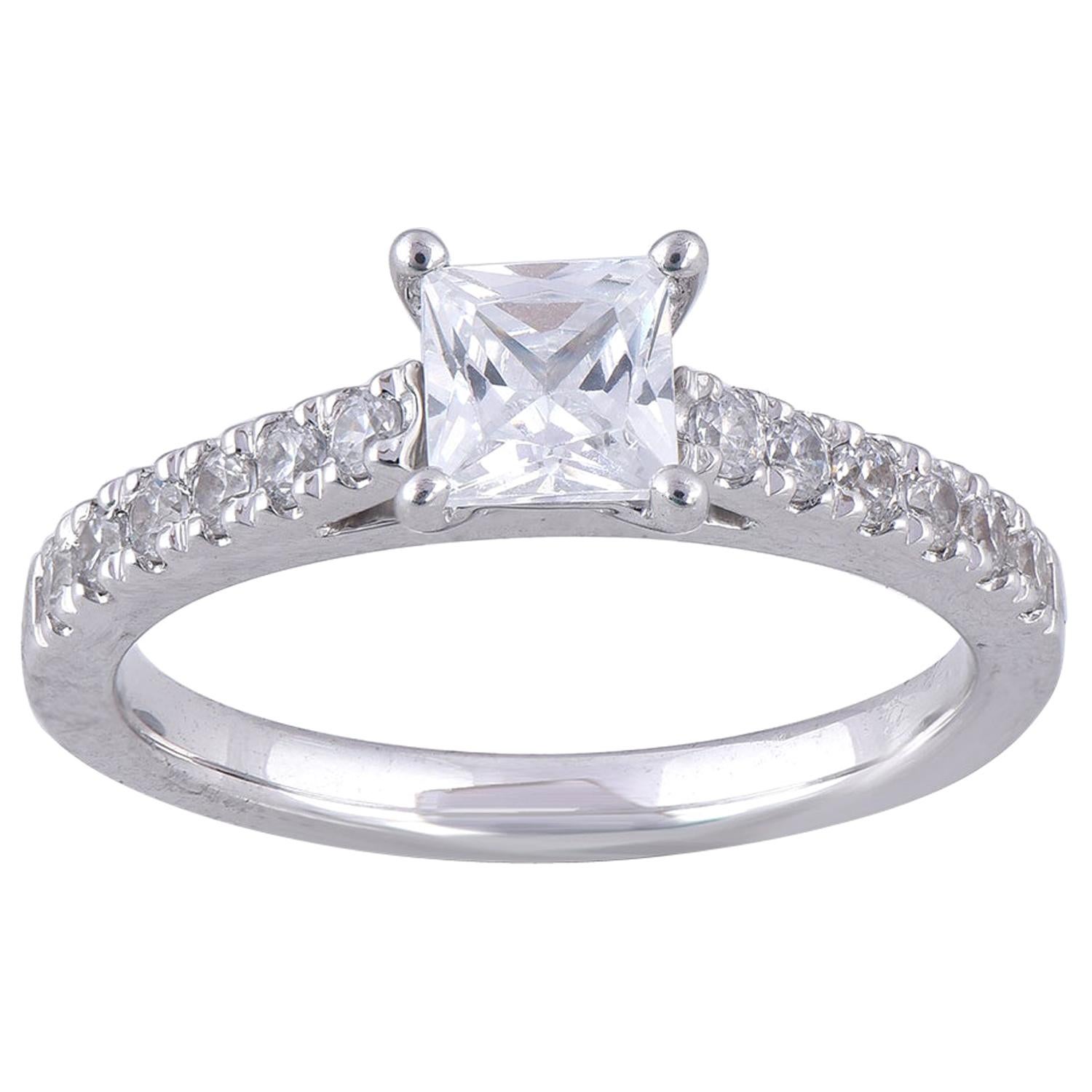 TJD Bague de mariage en or blanc 18 carats diamant Princesse/Rond de 1,00 carat en vente