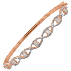 Bracelet jonc de créateur en or rose 14 carats avec diamants baguettes et ronds de 1,00 carat TJD