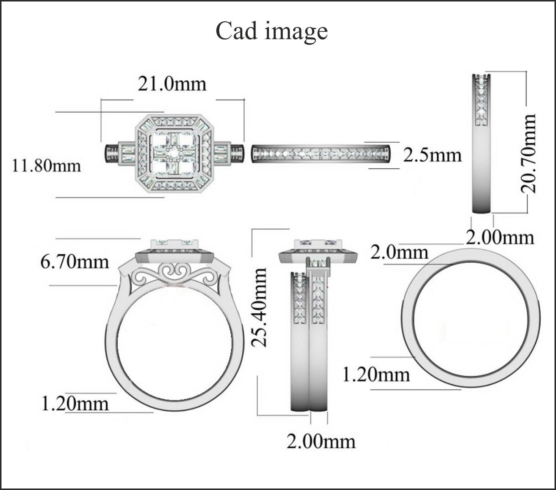 Stunning and classic, this diamond ring is beautifully crafted in 14K Solid White gold. This five stone wide band is surrounded with small sparkling 50 round, 16 Baguette and 4 princess-cut white diamonds in secured channel, prong and micro-pave