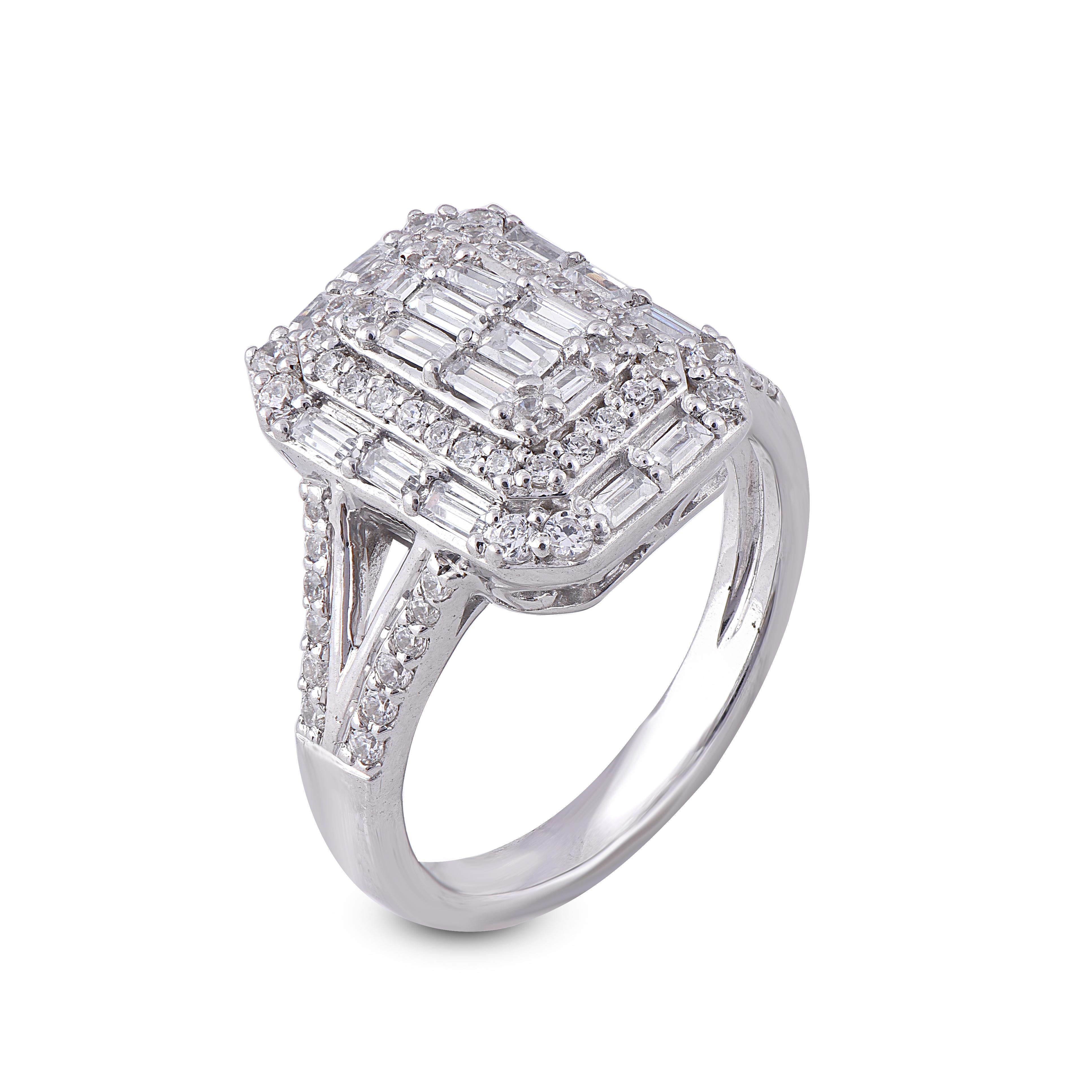 Bold and classic, these diamond cluster halo ring are a jewelry box must-have. Crafted in cool 14 karat white gold and studded with 60 round and 18 baguette diamond set in prong setting and shines in H-I color I2 clarity. The band captivate with