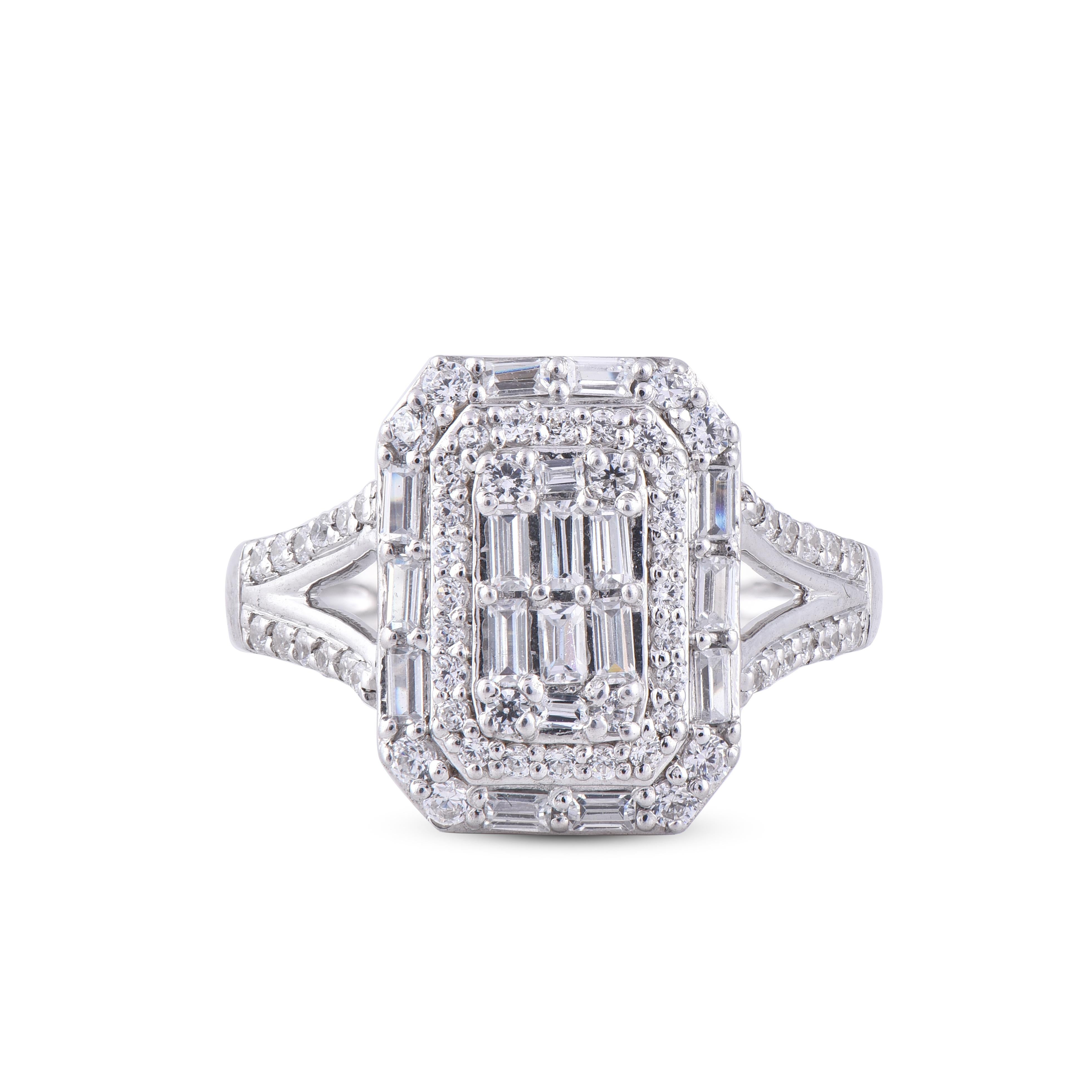 Baguette Cut TJD 1.00 Carat Round and Baguette Diamond 14 Karat White Gold Cluster Halo Ring For Sale