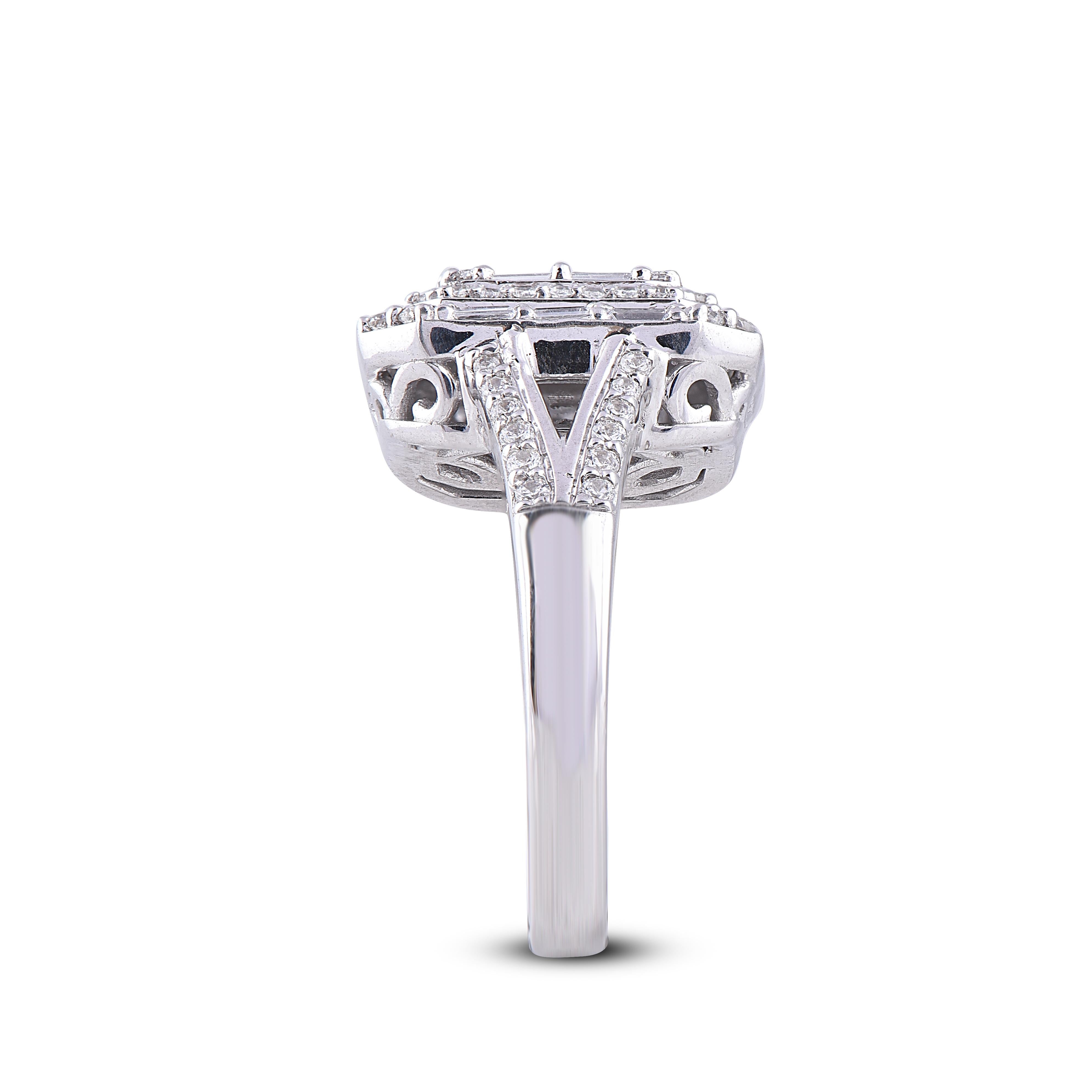 TJD 1.00 Carat Round and Baguette Diamond 14 Karat White Gold Cluster Halo Ring In New Condition For Sale In New York, NY