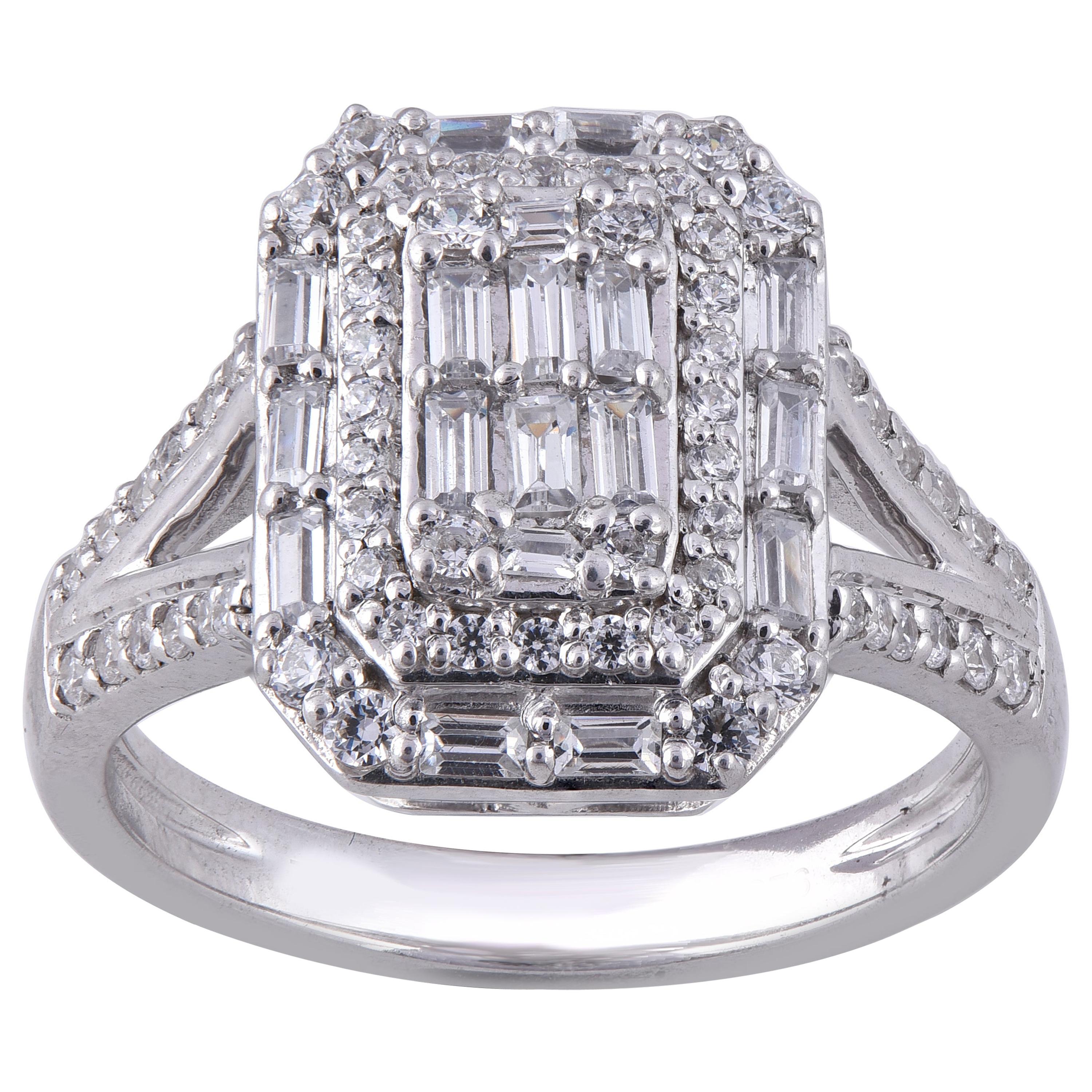 TJD 1.00 Carat Round and Baguette Diamond 14 Karat White Gold Cluster Halo Ring For Sale