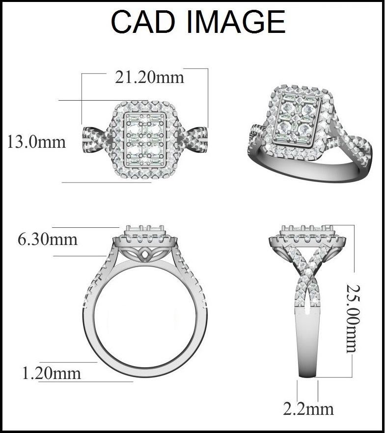 Questo anello abbaglia con diamanti e design Criss-cross. Decorato con 57 diamanti bianchi rotondi e 8 diamanti bianchi con taglio a baguette incastonati in un'incastonatura a micropuntine e a rebbi. Utilizziamo solo diamanti naturali al 100% e