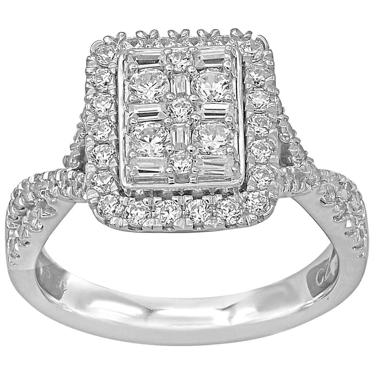 TJD 1.00 Carat Round and Baguette Diamond 14 Karat White Gold Twisted Shank Ring