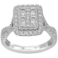 TJD 1.00 Carat Round and Baguette Diamond 14 Karat White Gold Twisted Shank Ring