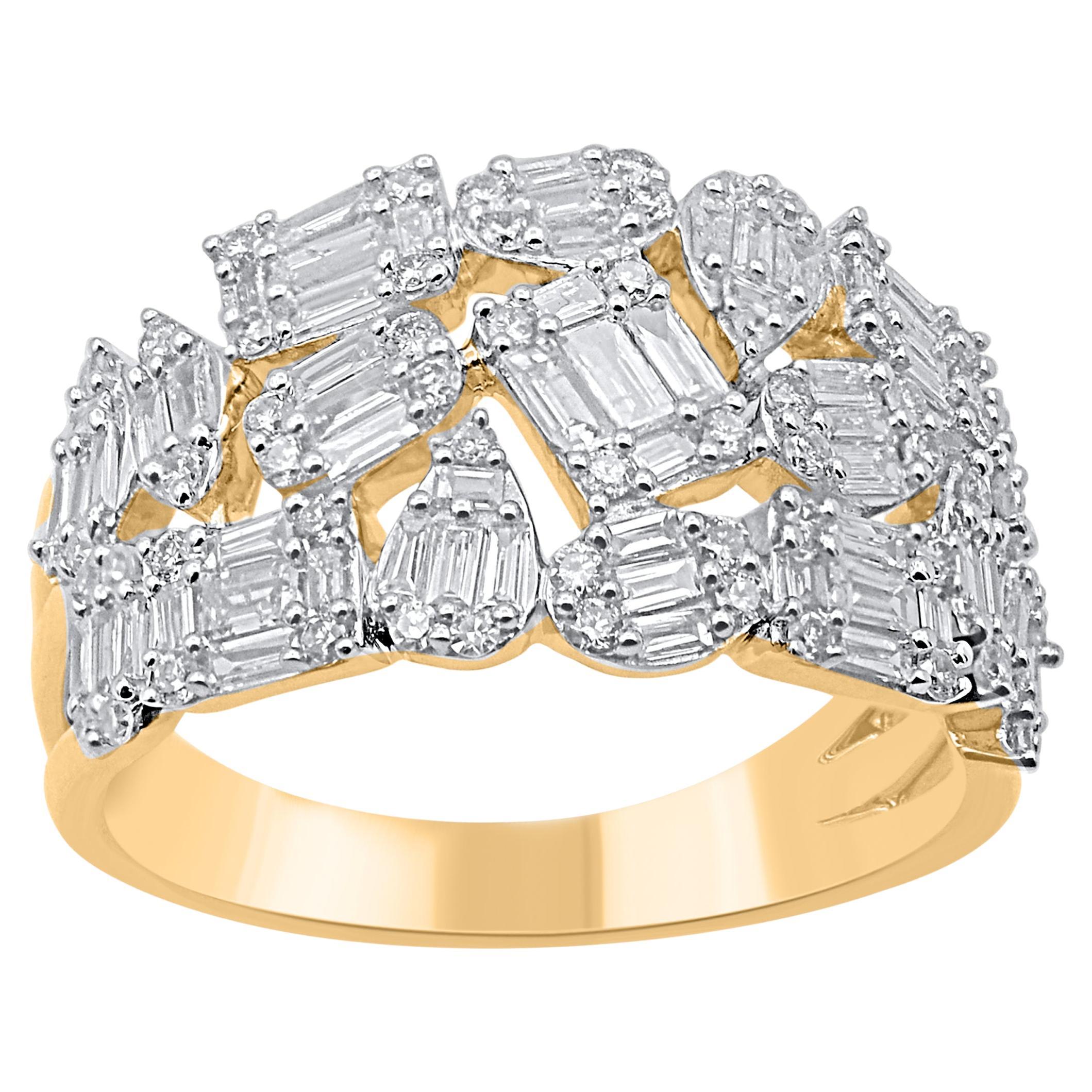 TJD 1.00 Carat Round and Baguette Diamond 14 Karat Yellow Gold Wedding Band Ring