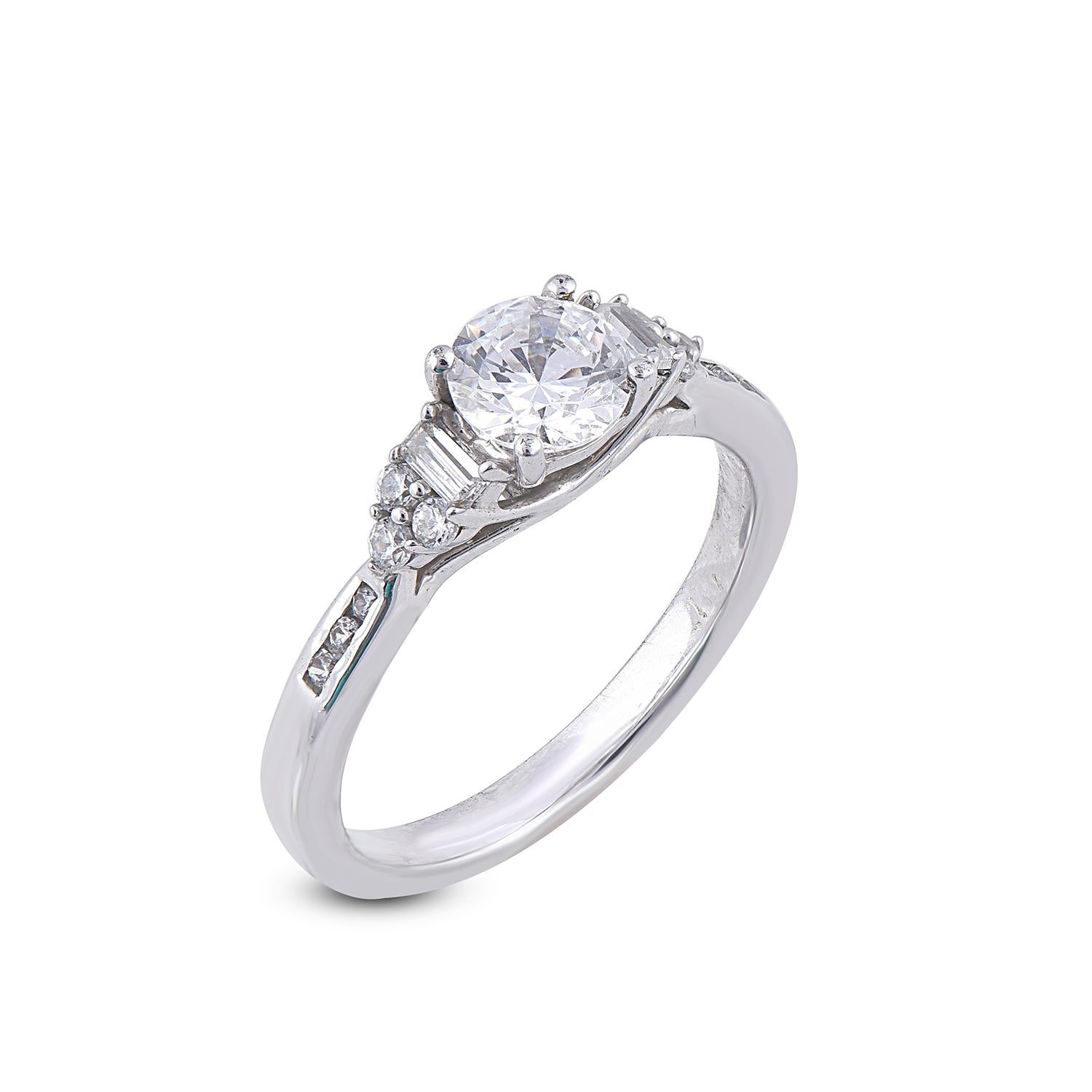 Passionate and indulgent, this round and baguette diamond ring features a ravishing in 13 round diamond and 2 Baguette with 0.80 ct centre stone and 0.20 ct of diamond. Expertly Crafted with 18 Karat white gold in high polish finish and set with 13