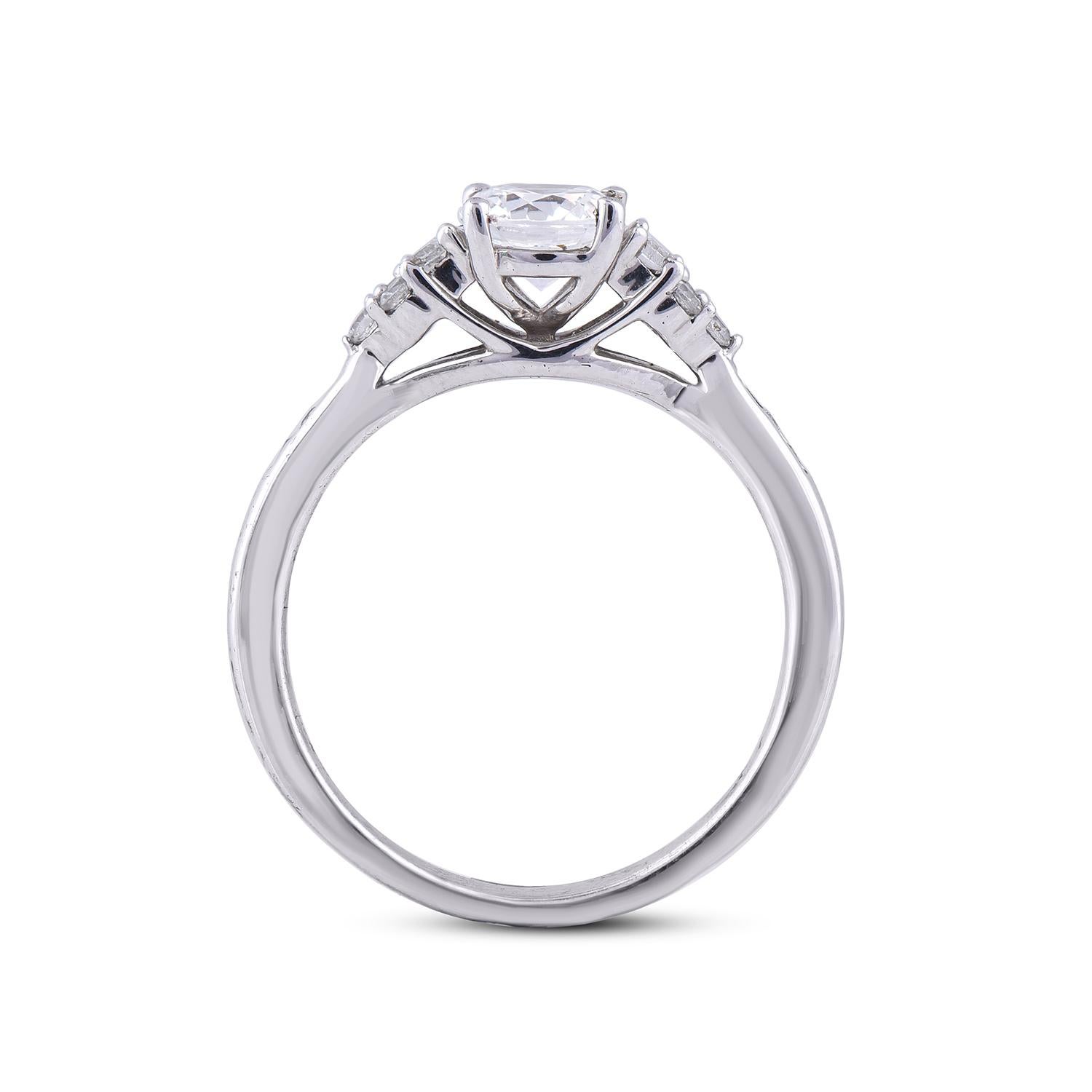 Women's TJD 1.00 Carat Round and Baguette Diamond 18 Karat White Gold Engagement Ring For Sale