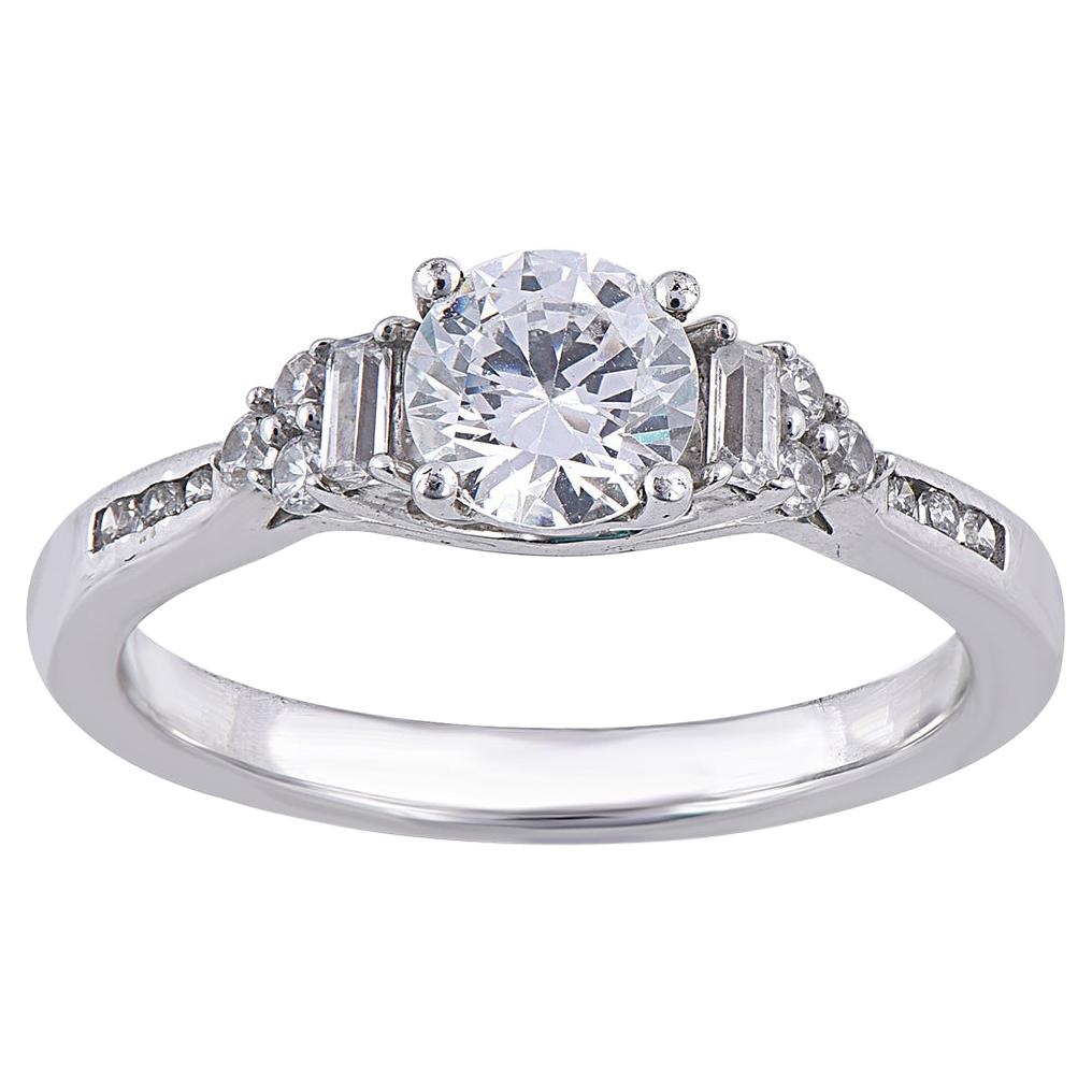 TJD 1.00 Carat Round and Baguette Diamond 18 Karat White Gold Engagement Ring For Sale