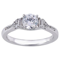 TJD 1.00 Carat Round and Baguette Diamond 18 Karat White Gold Engagement Ring