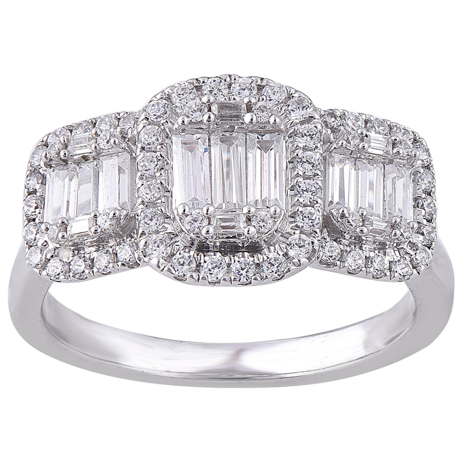 TJD 1.0 Carat Round & Baguette Diamond 14 Karat White Gold Halo Engagement Ring For Sale