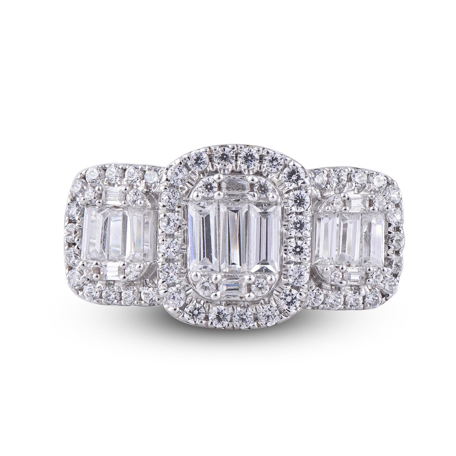 Baguette Cut TJD 1.0 Carat Round & Baguette Diamond 14 Karat White Gold Halo Engagement Ring For Sale