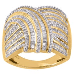 TJD 1.00 Carat Natural Round & Baguette Diamond 14 Karat Yellow Gold Band Ring