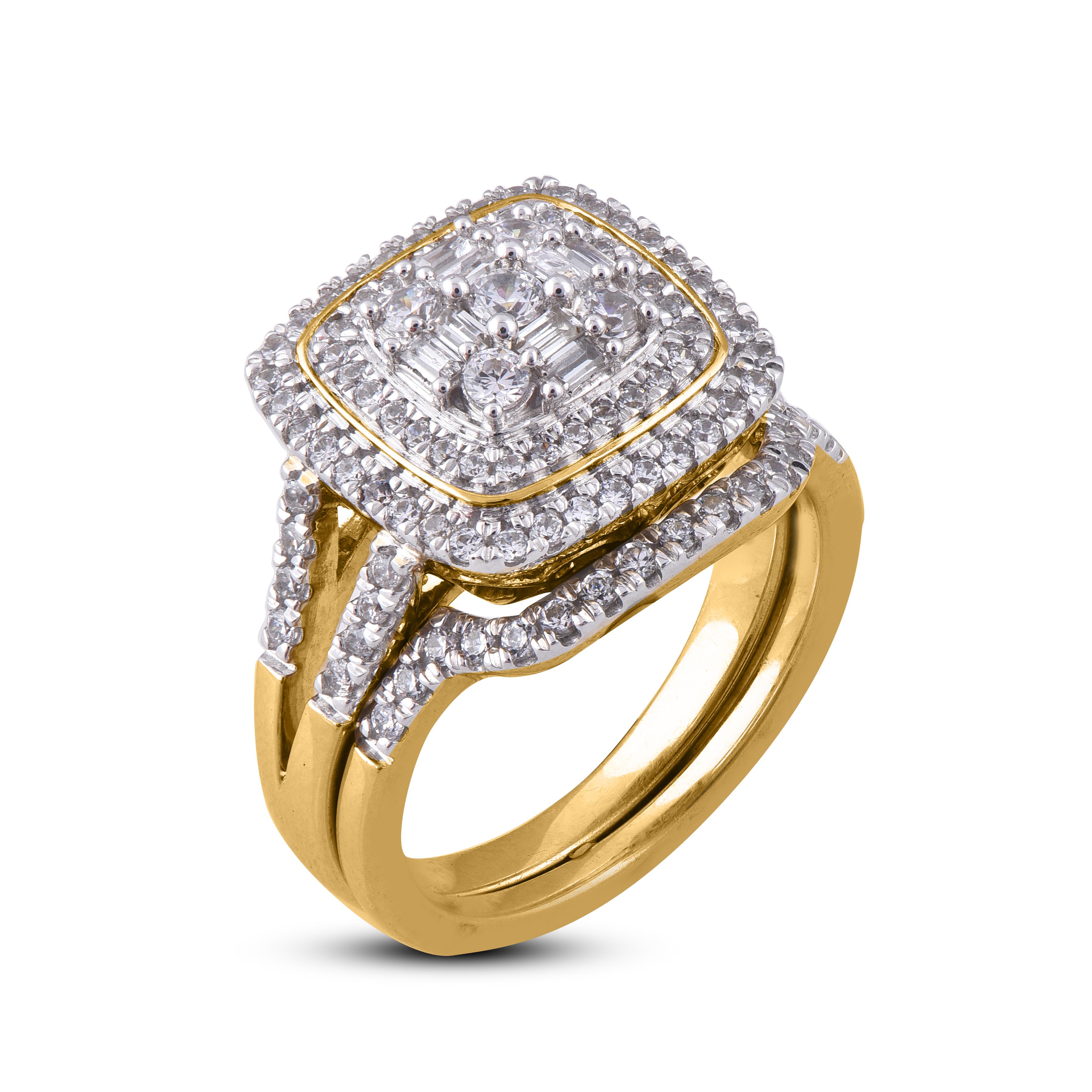 Cet anneau de mariage multidiamant est rehaussé de 102 diamants ronds et de 8 diamants baguettes magnifiquement sertis en or blanc 14 carats. Le poids total des diamants est de 1,00 carat et de couleur H-I et de pureté I2.