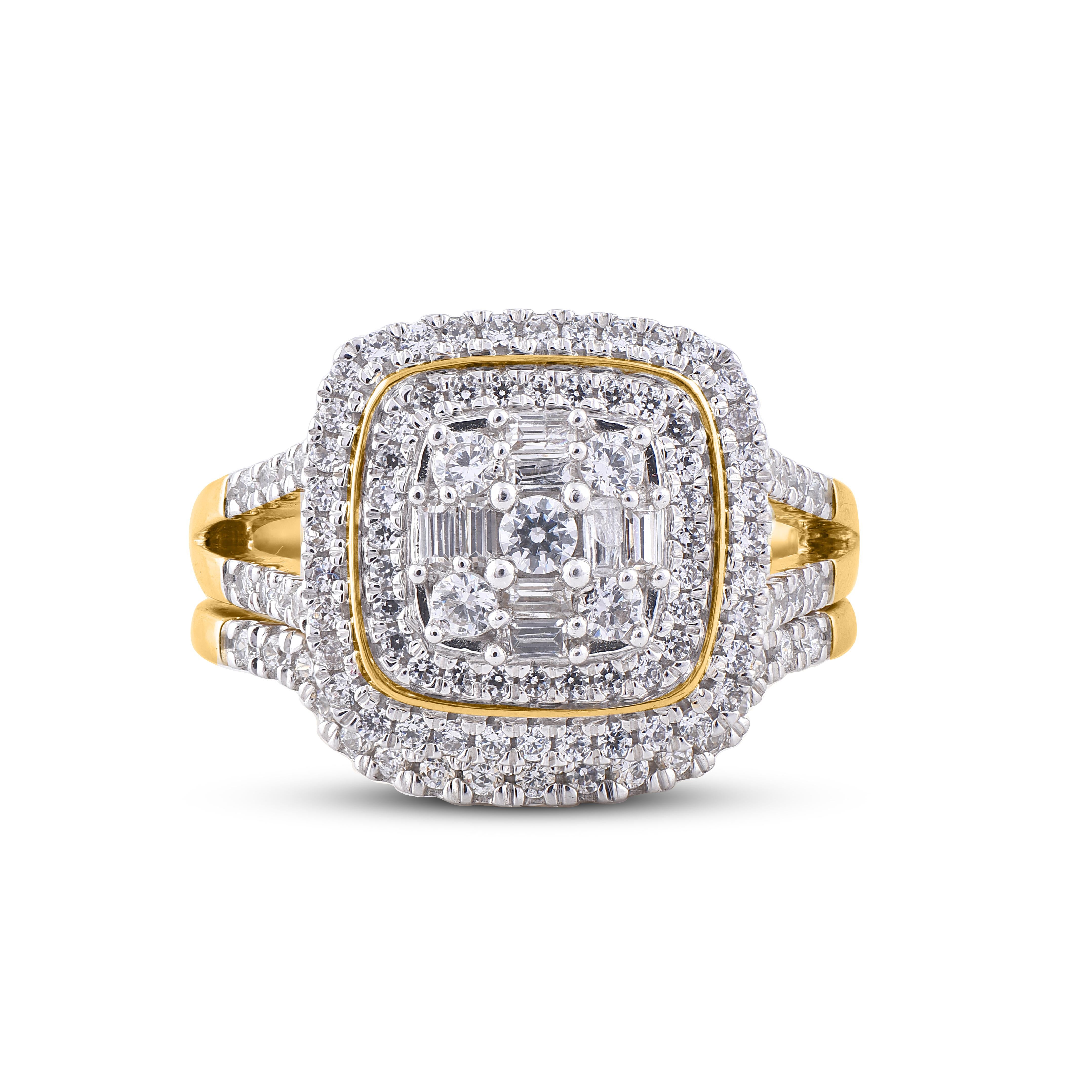 Art déco Ensemble de mariée en or jaune 14 carats avec diamants ronds et baguettes de 1,00 carat TJD en vente