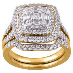 TJD Parure de mariage en forme de coussin en or jaune 14 carats avec diamants ronds et baguettes de 1,00 carat