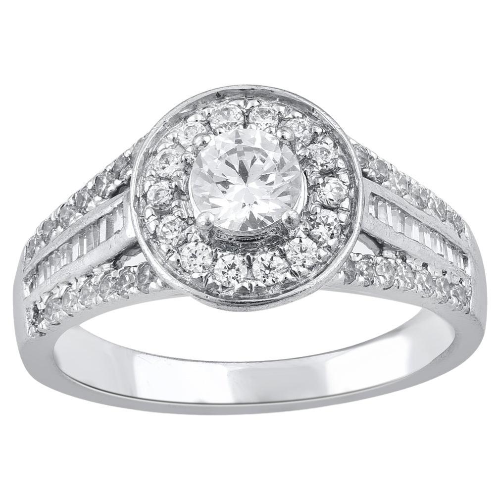 TJD 1.00 Carat Round & Baguette Diamond 18 Karat White Gold Halo Engagement Ring For Sale