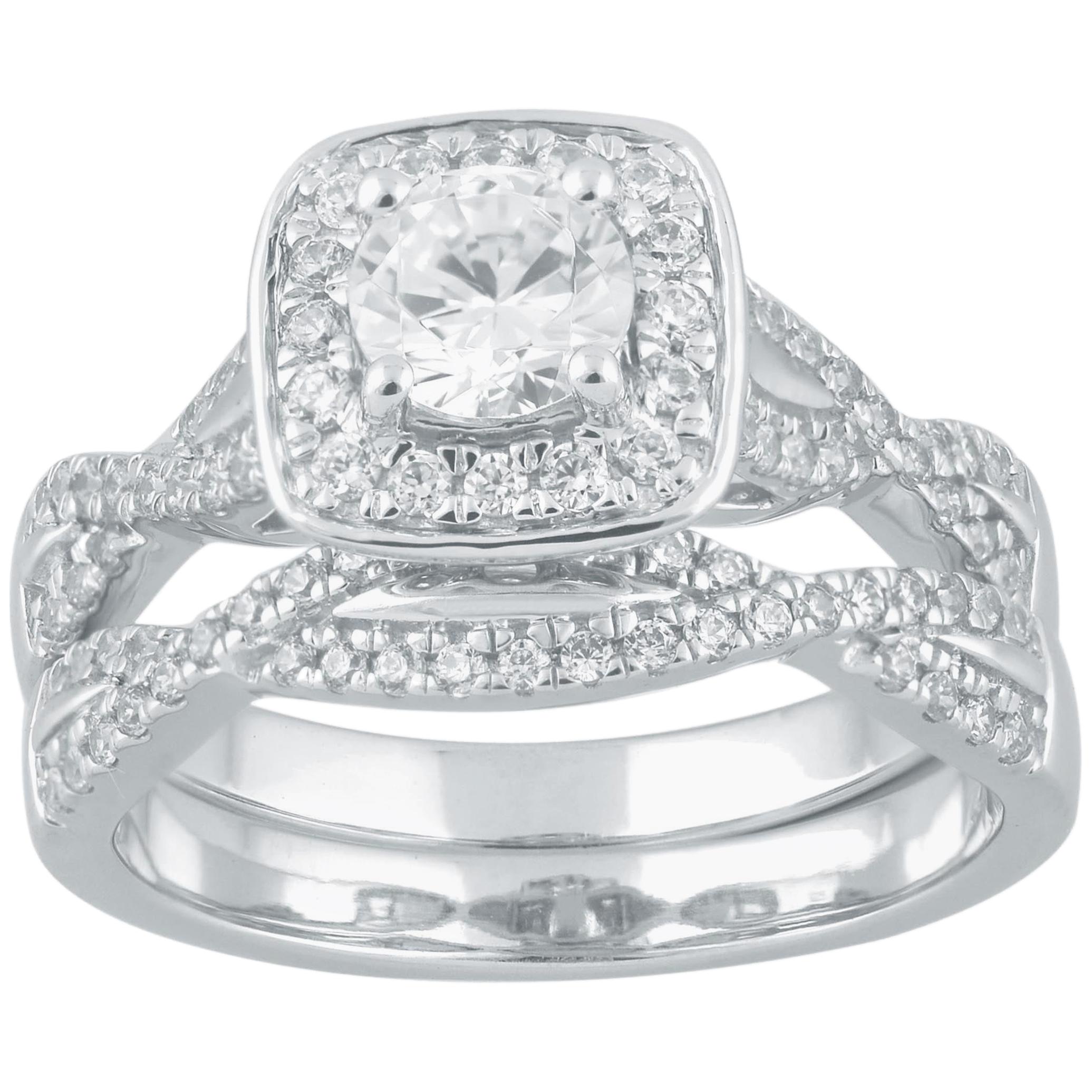 TJD 1.00 Carat Round Diamond 18 Karat White Gold Twisted Shank Bridal Ring Set