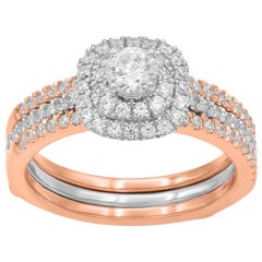 TJD 1 Carat Round 18 Karat Two-tone Gold Double Halo Diamond Engagement Ring