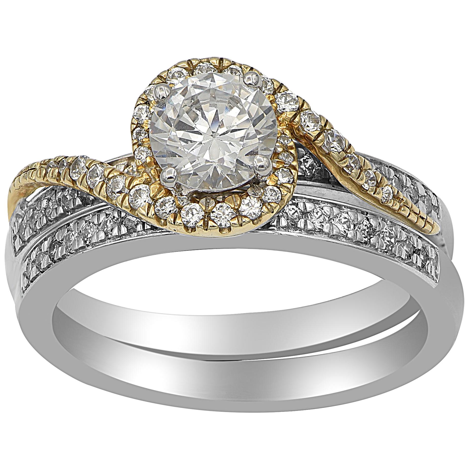 TJD 1.00 Carat Round Diamond 18 Karat Two-tone Gold Twisted Vintage Bridal Set For Sale