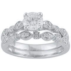 TJD Parure de mariage à tige festonnée en or blanc 18 carats avec diamants ronds de 1,00 carat