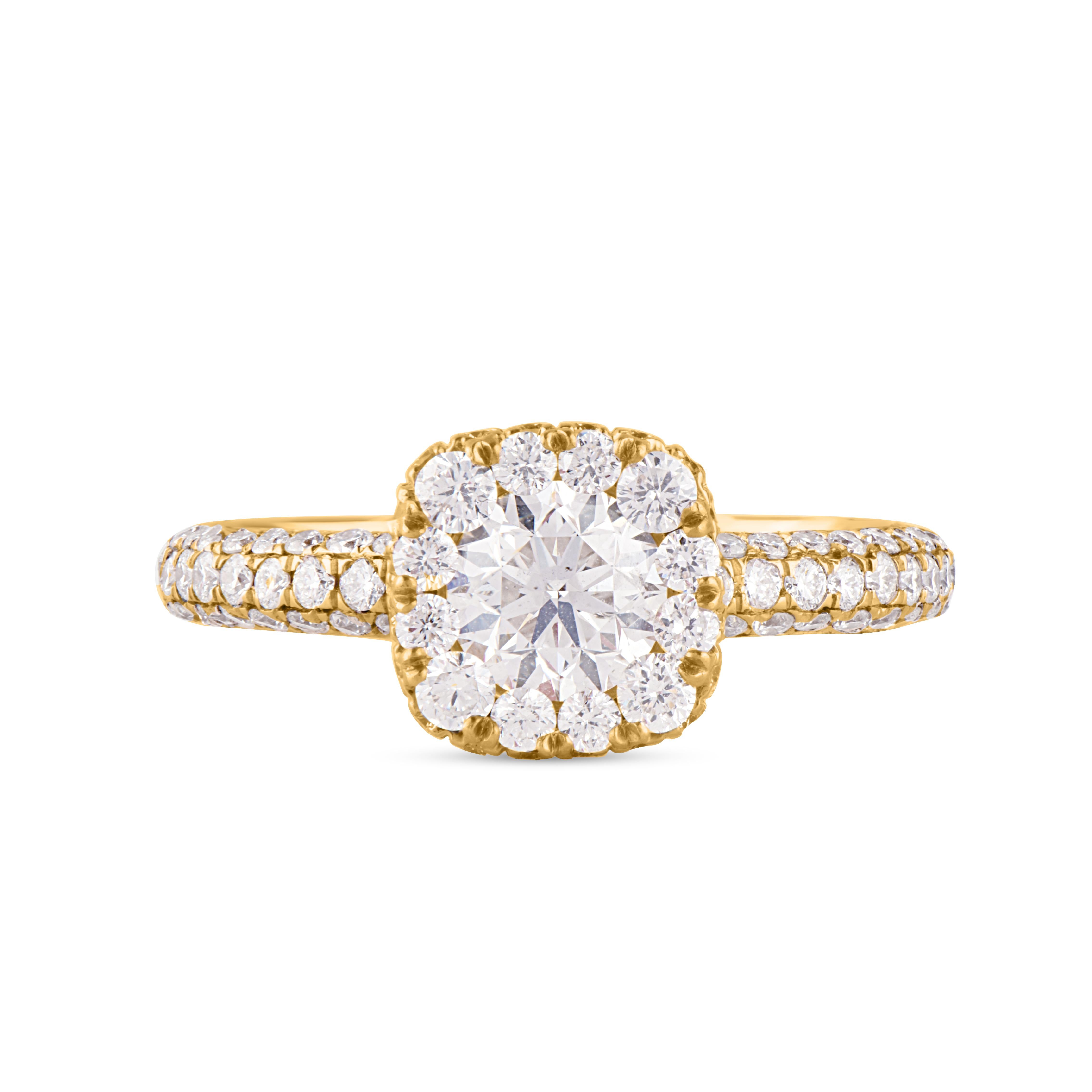 Round Cut TJD 1.00 Carat Round Diamond 18 Karat Yellow Gold Designer Pave Engagement Ring For Sale