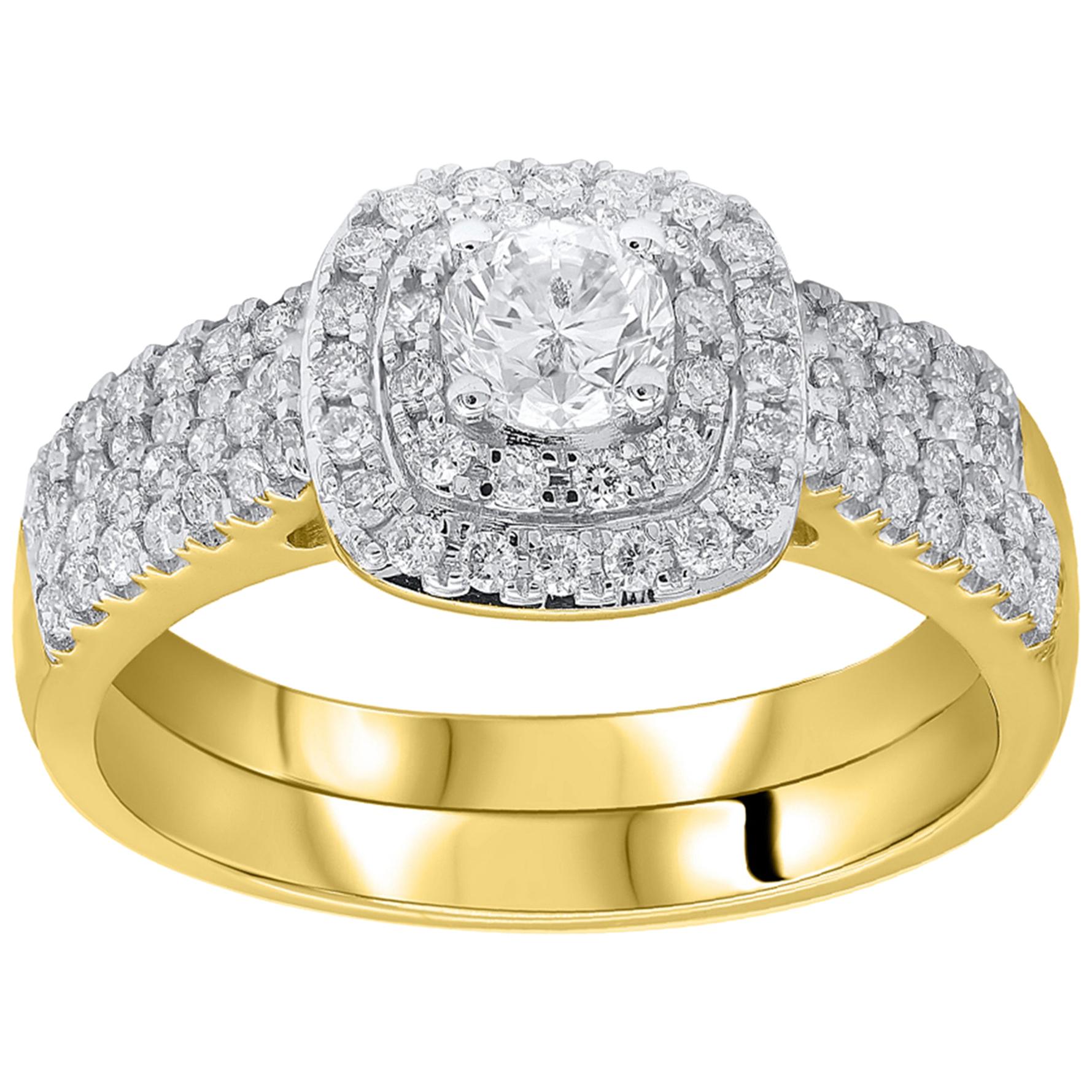 TJD 1.00 Carat Round Diamond 18Karat Yellow Gold Double Halo Designer Bridal Set