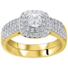 TJD, ensemble de mariage de créateurs en or jaune 18 carats avec double halo de diamants ronds de 1,00 carat