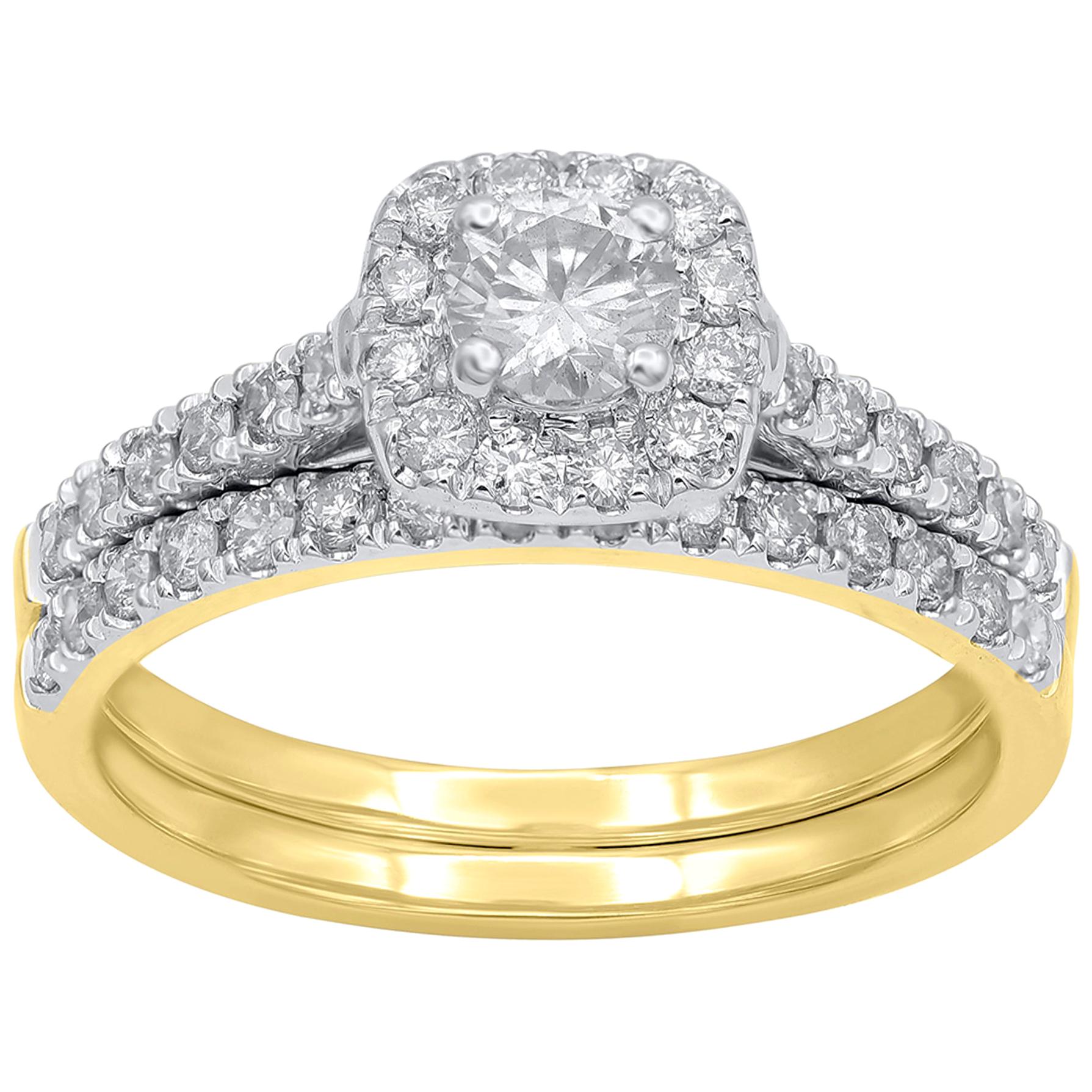 TJD 1Carat Round Diamond 18 Karat Yellow Gold Halo Cushion Shape Bridal Set Ring For Sale