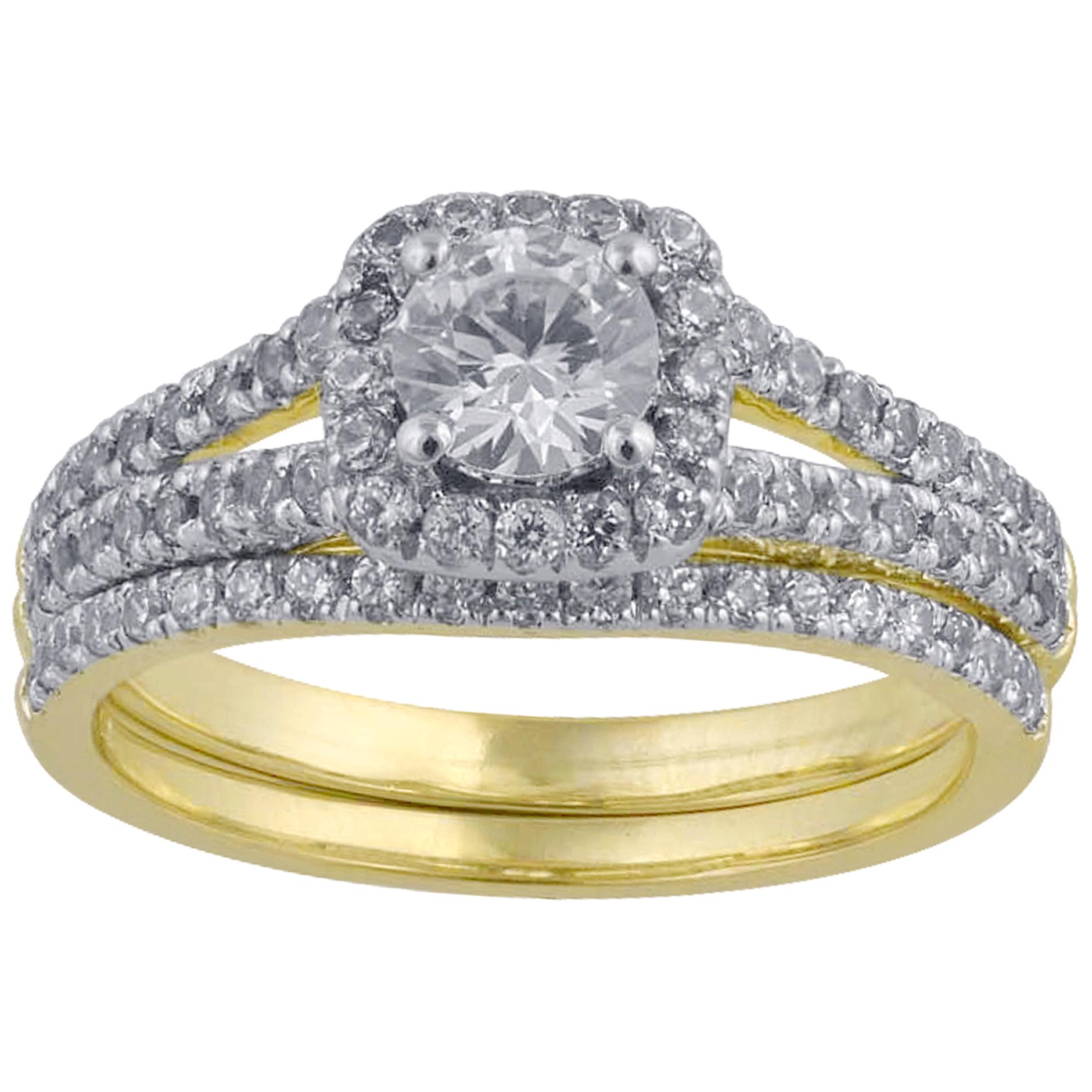 TJD 1.00 Carat Round Diamond 18K Yellow Gold Square Halo Split Shank Bridal Set For Sale