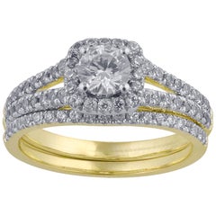TJD 1.00 Carat Round Diamond 18K Yellow Gold Square Halo Split Shank Bridal Set