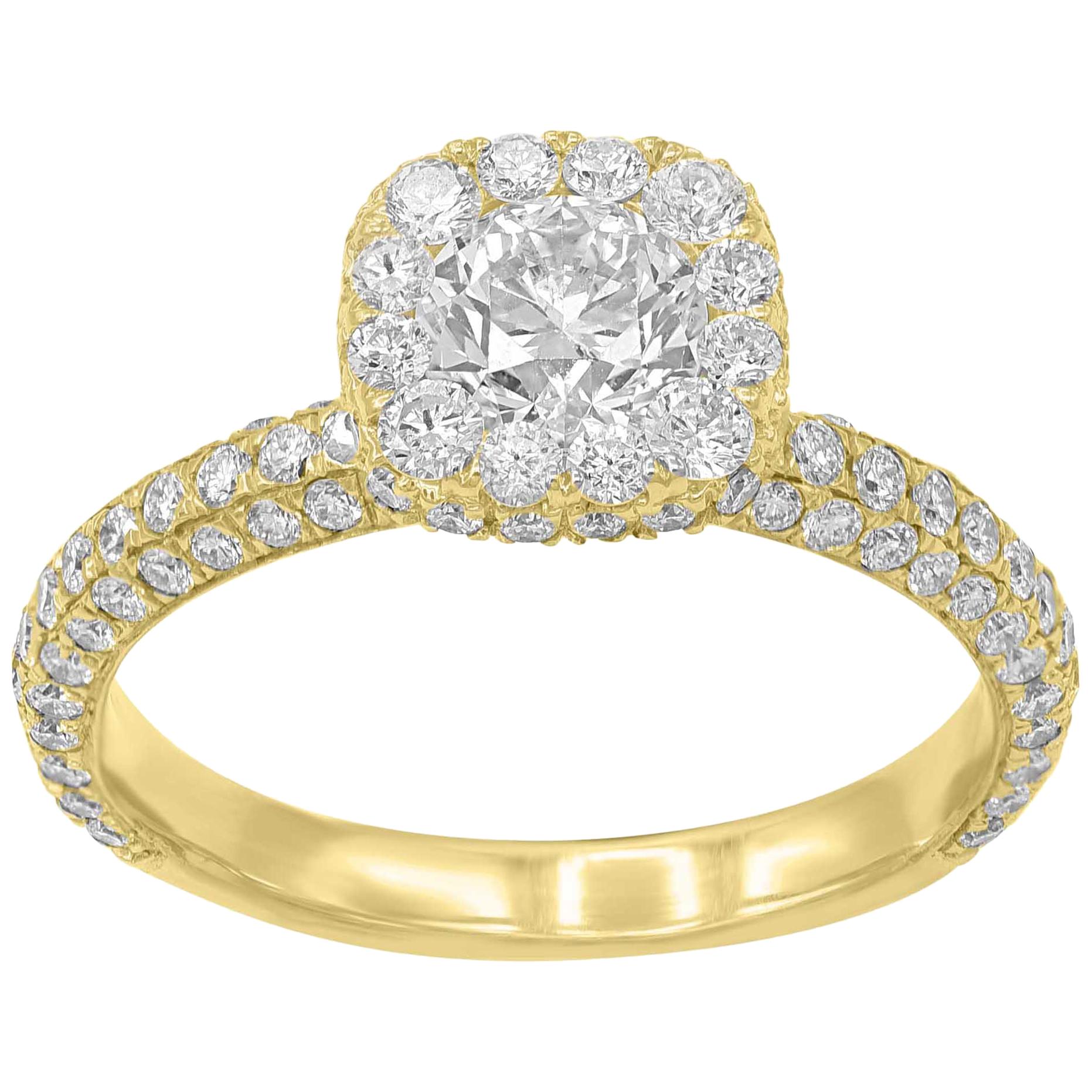 TJD 1.00 Carat Round Diamond 18 Karat Yellow Gold Designer Pave Engagement Ring For Sale