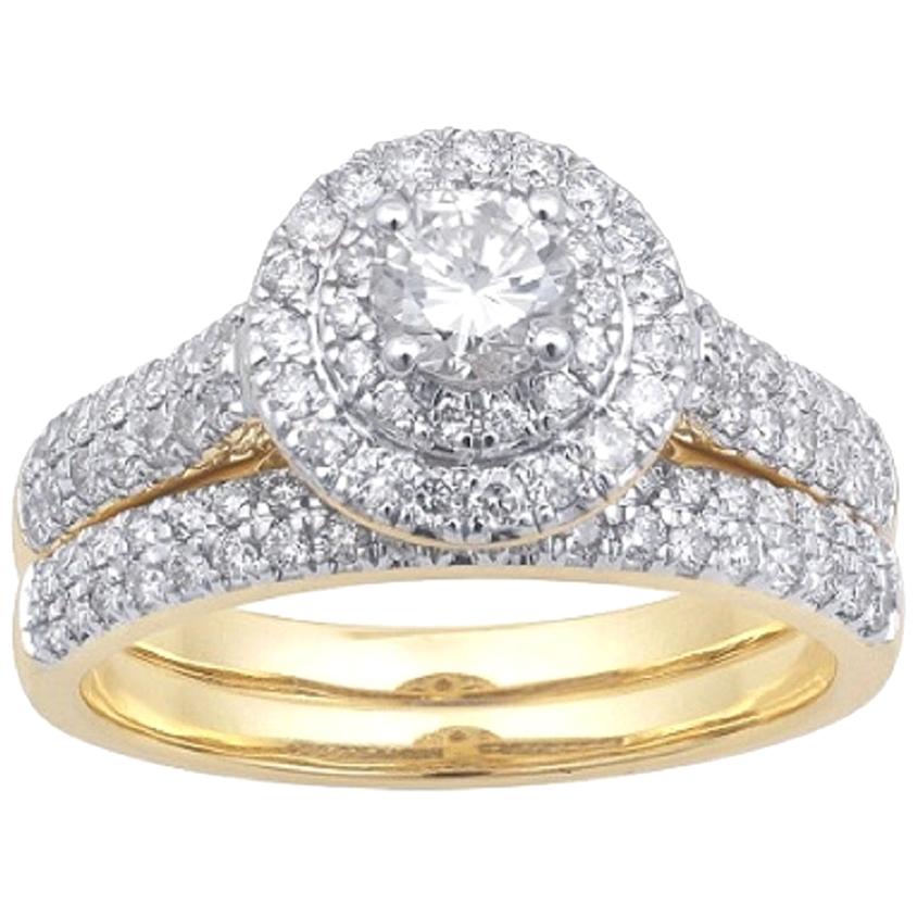 TJD 1.00 Carat Round Diamond 18Karat Yellow Gold Double Halo Bridal Set