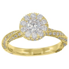 TJD 1.00 Carat Round Diamond 18 Karat Yellow Gold Halo Spiral Engagement Ring