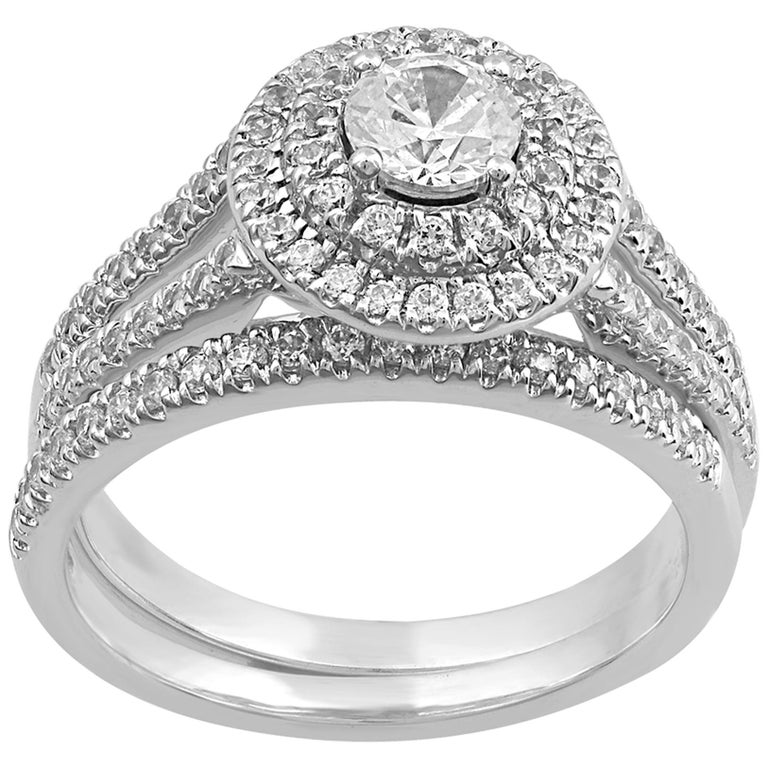 TJD 1 Carat Round 18 Karat White Gold Diamond Double Halo Split Shank ...