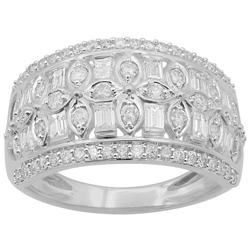TJD 1Carat Round and Baguette Diamond 14 Karat White Gold Engagement Band Ring