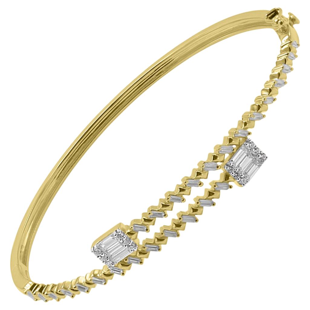 TJD 1.00 Carat Round and Baguette Diamond 14 Karat Yellow Gold Open Cuff Bangle For Sale