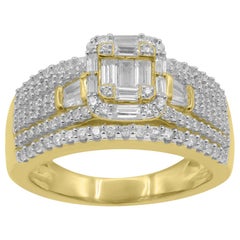 TJD 1Carat Round & Baguette Diamond 14K Yellow Gold Square Shape Engagement Ring