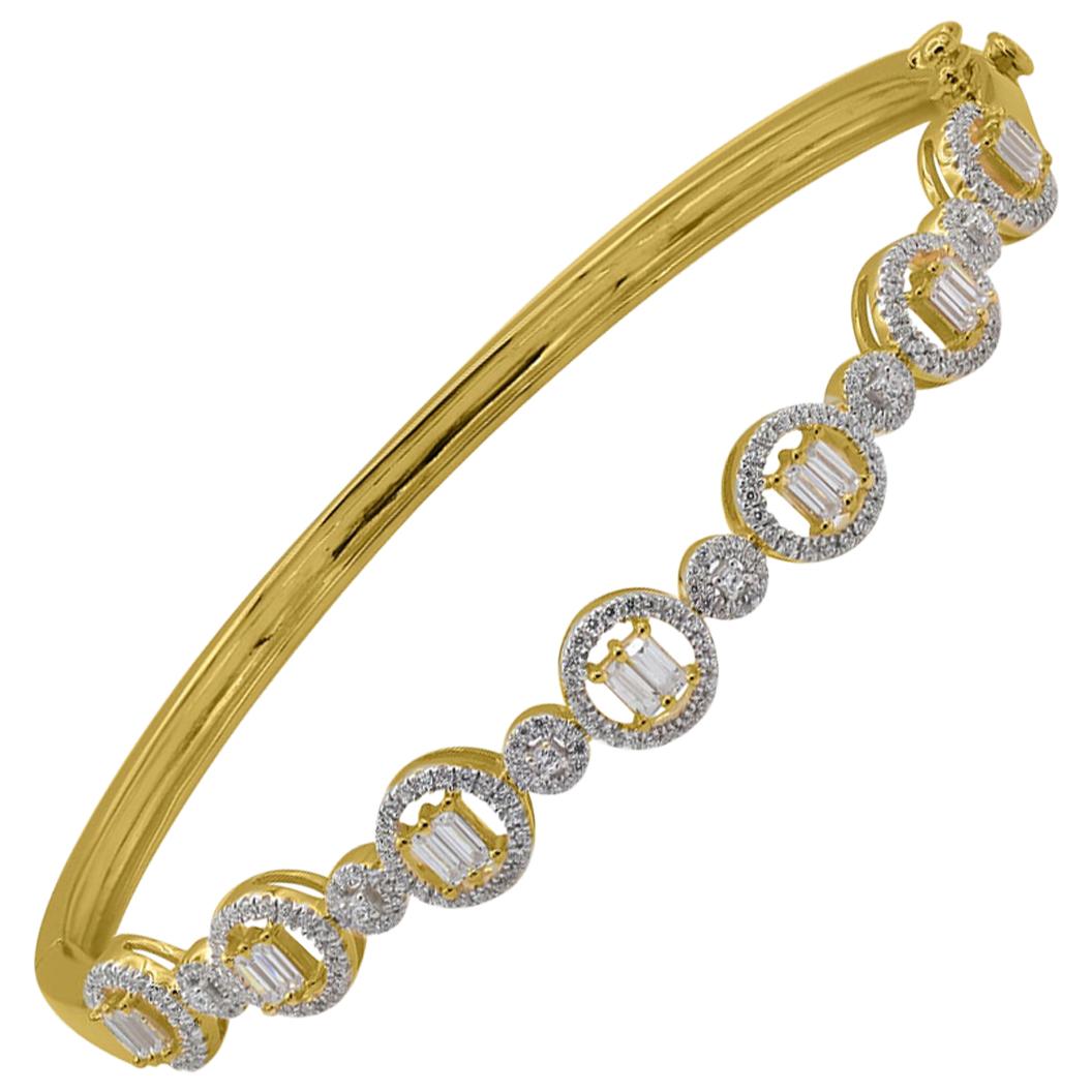 TJD 1.00 Carat Baguette & Round Diamond 14K Yellow Gold Designer Fashion Bangle For Sale