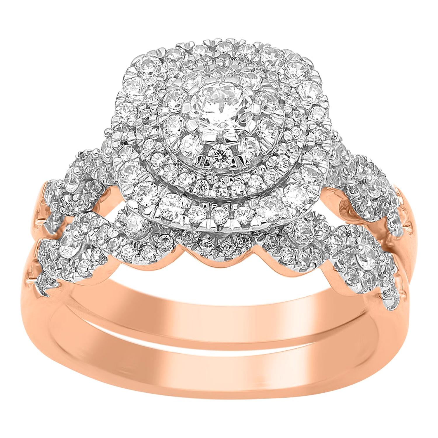TJD 1.00 Carat Round Diamond 14 Karat Rose Gold Halo Cluster Bridal Set Ring For Sale