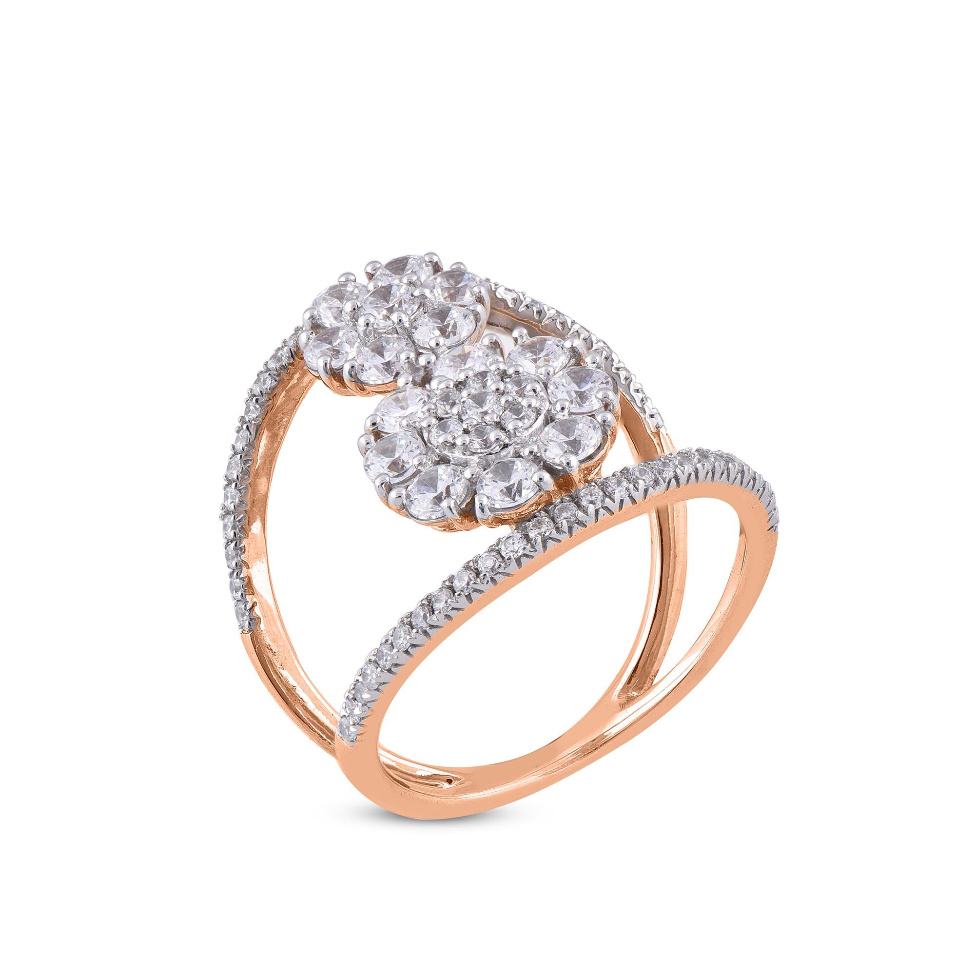 This dramatic design ring in 14K rose gold showcases 1.00 carats of sparkling 65 round diamond set in prong setting, H-I color I2 clarity. Featuring a fabulous design and a highly polished gold finish, this women's diamond ring makes a unique