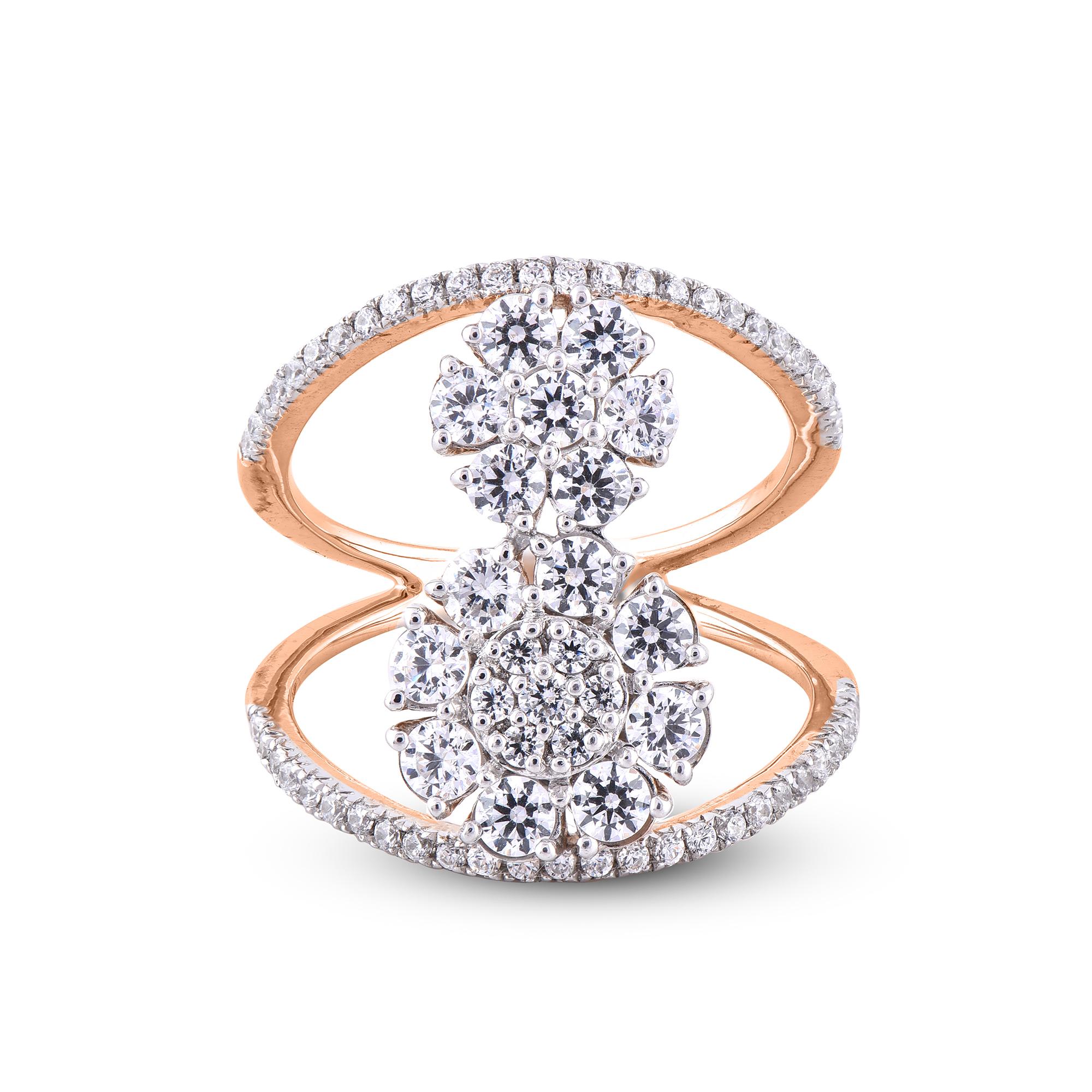 Round Cut TJD 1.00 Carat Round Diamond 14 Karat Rose Gold Two Cluster Wedding Fashion Ring For Sale