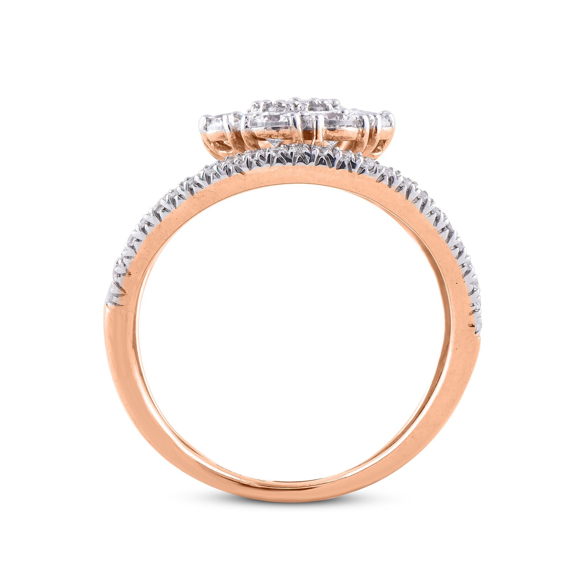 Women's TJD 1.00 Carat Round Diamond 14 Karat Rose Gold Two Cluster Wedding Fashion Ring For Sale