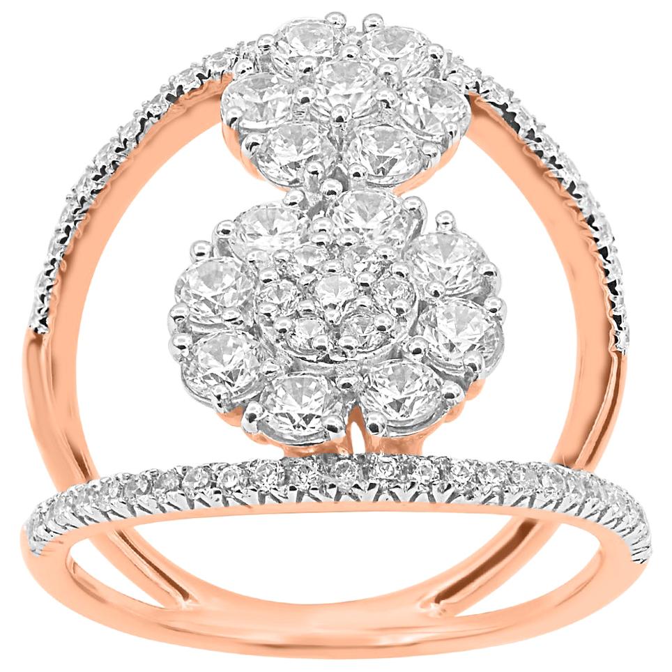 TJD 1.00 Carat Round Diamond 14 Karat Rose Gold Two Cluster Wedding Fashion Ring For Sale
