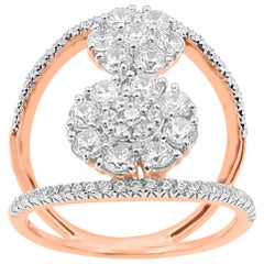 Used TJD 1.00 Carat Round Diamond 14 Karat Rose Gold Two Cluster Wedding Fashion Ring