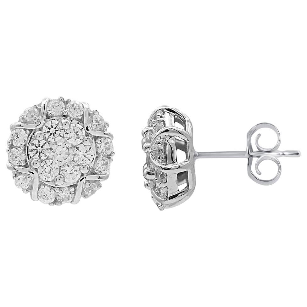 TJD 1.00 Carat Round Diamond 14 Karat White Gold Designer Cluster Stud Earring For Sale