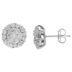 TJD 1.00 Carat Round Diamond 14 Karat White Gold Designer Cluster Stud Earring