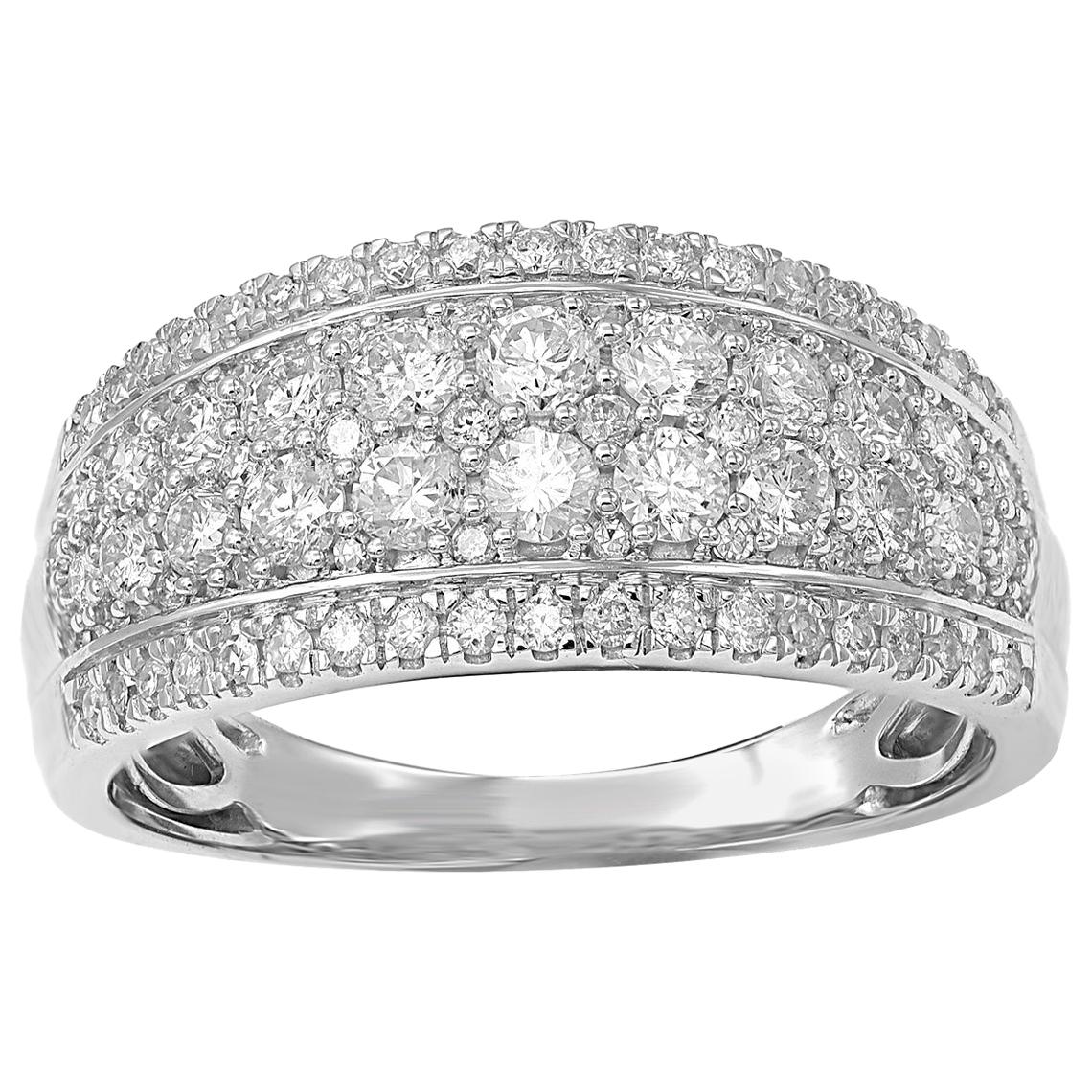 TJD 1.00 Carat Round Diamond 14 Karat White Gold Multirow Wide Wedding Band Ring